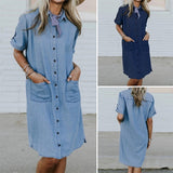 Denim Robe à Col V avec Boutons