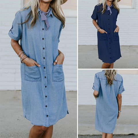 Denim Robe à Col V avec Boutons