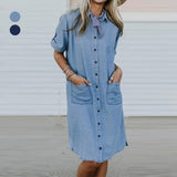 Denim Robe à Col V avec Boutons
