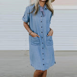 Denim Robe à Col V avec Boutons