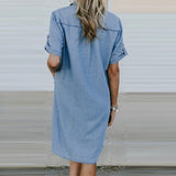 Denim Robe à Col V avec Boutons
