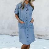 Denim Robe à Col V avec Boutons