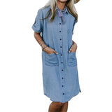 Denim Robe à Col V avec Boutons