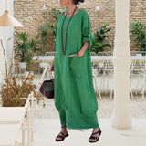 Robe longue en patchwork de coton et de lin