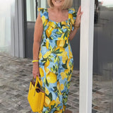 Robe à manches volantes imprimée citron