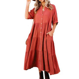 Robe midi en coton à demi-manches avec poches pour femmes