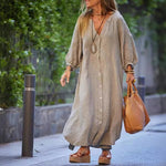 Robe longue minimaliste en coton et lin à col en V pour femmes