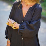 Robe longue minimaliste en coton et lin à col en V pour femmes