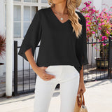 Chemise en mousseline de soie à col en V et à manches mi-longues, de couleur unie