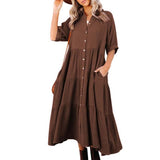 Robe midi en coton à demi-manches avec poches pour femmes