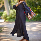 Robe longue minimaliste en coton et lin à col en V pour femmes