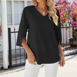 Chemise en mousseline de soie à col en V et à manches mi-longues, de couleur unie
