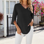 Chemise en mousseline de soie à col en V et à manches mi-longues, de couleur unie