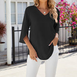 Chemise en mousseline de soie à col en V et à manches mi-longues, de couleur unie