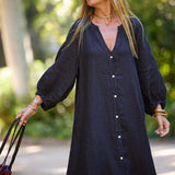 Robe longue minimaliste en coton et lin à col en V pour femmes
