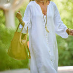 Robe longue minimaliste en coton et lin à col en V pour femmes