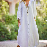 Robe longue minimaliste en coton et lin à col en V pour femmes