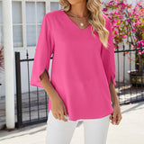 Chemise en mousseline de soie à col en V et à manches mi-longues, de couleur unie