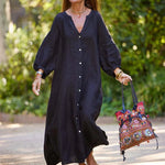 Robe longue minimaliste en coton et lin à col en V pour femmes