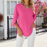 Chemise en mousseline de soie à col en V et à manches mi-longues, de couleur unie