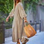 Robe longue minimaliste en coton et lin à col en V pour femmes