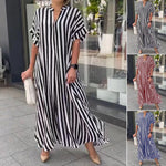 Robe Chemise à Col en V, Imprimé Rayé