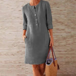 Robe décontractée à col rond en coton et lin de couleur pure