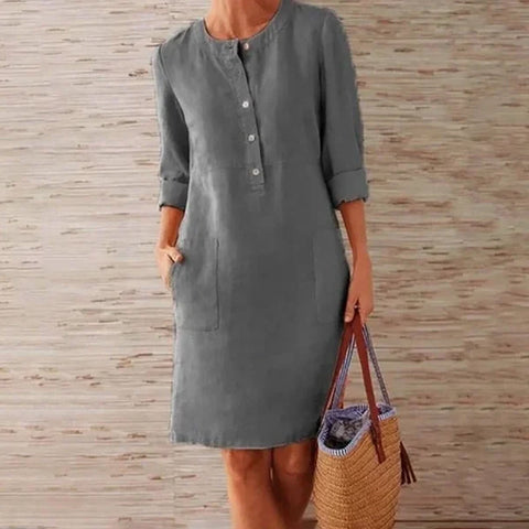 Robe décontractée à col rond en coton et lin de couleur pure