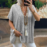T-shirt ample à col en V avec paillettes