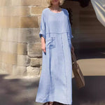 Robe décontractée à manches longues en coton et lin à col rond