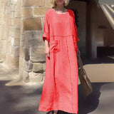 Robe décontractée à manches longues en coton et lin à col rond