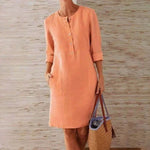 Robe décontractée à col rond en coton et lin de couleur pure