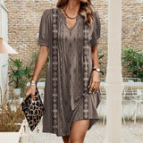 Robe vintage col V à imprimé géométrique