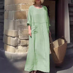 Robe décontractée à manches longues en coton et lin à col rond
