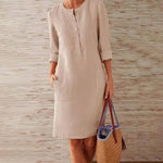 Robe décontractée à col rond en coton et lin de couleur pure