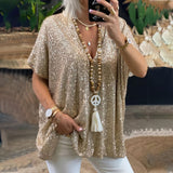 T-shirt ample à col en V avec paillettes