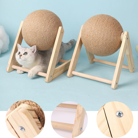 Griffoir Chat en Bois Massif avec Boule à Rouler Sisal