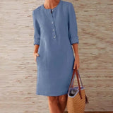 Robe décontractée à col rond en coton et lin de couleur pure
