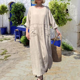 Robe décontractée à manches longues en coton et lin à col rond