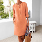 Robe décontractée à col rond en coton et lin de couleur pure