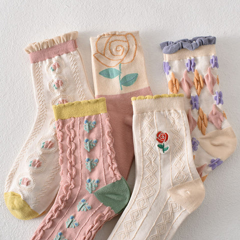 5 paires de chaussettes femme en coton fleuri rose