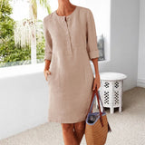 Robe décontractée à col rond en coton et lin de couleur pure