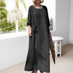 Robe décontractée à manches longues en coton et lin à col rond