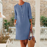 Robe décontractée à col rond en coton et lin de couleur pure