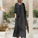 Robe décontractée à manches longues en coton et lin à col rond