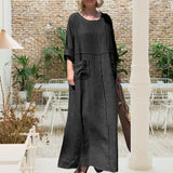 Robe décontractée à manches longues en coton et lin à col rond