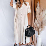 Robe midi en coton à demi-manches avec poches pour femmes