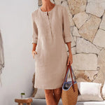 Robe décontractée à col rond en coton et lin de couleur pure