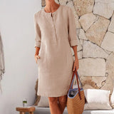 Robe décontractée à col rond en coton et lin de couleur pure