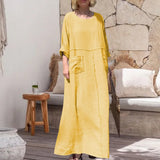 Robe décontractée à manches longues en coton et lin à col rond